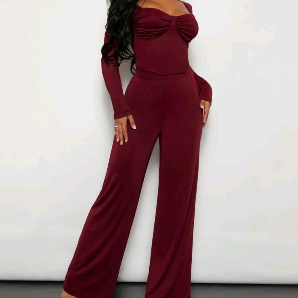 NEW Maroon Wine Red Bust Sexy Top and Pants Set Stretch size S